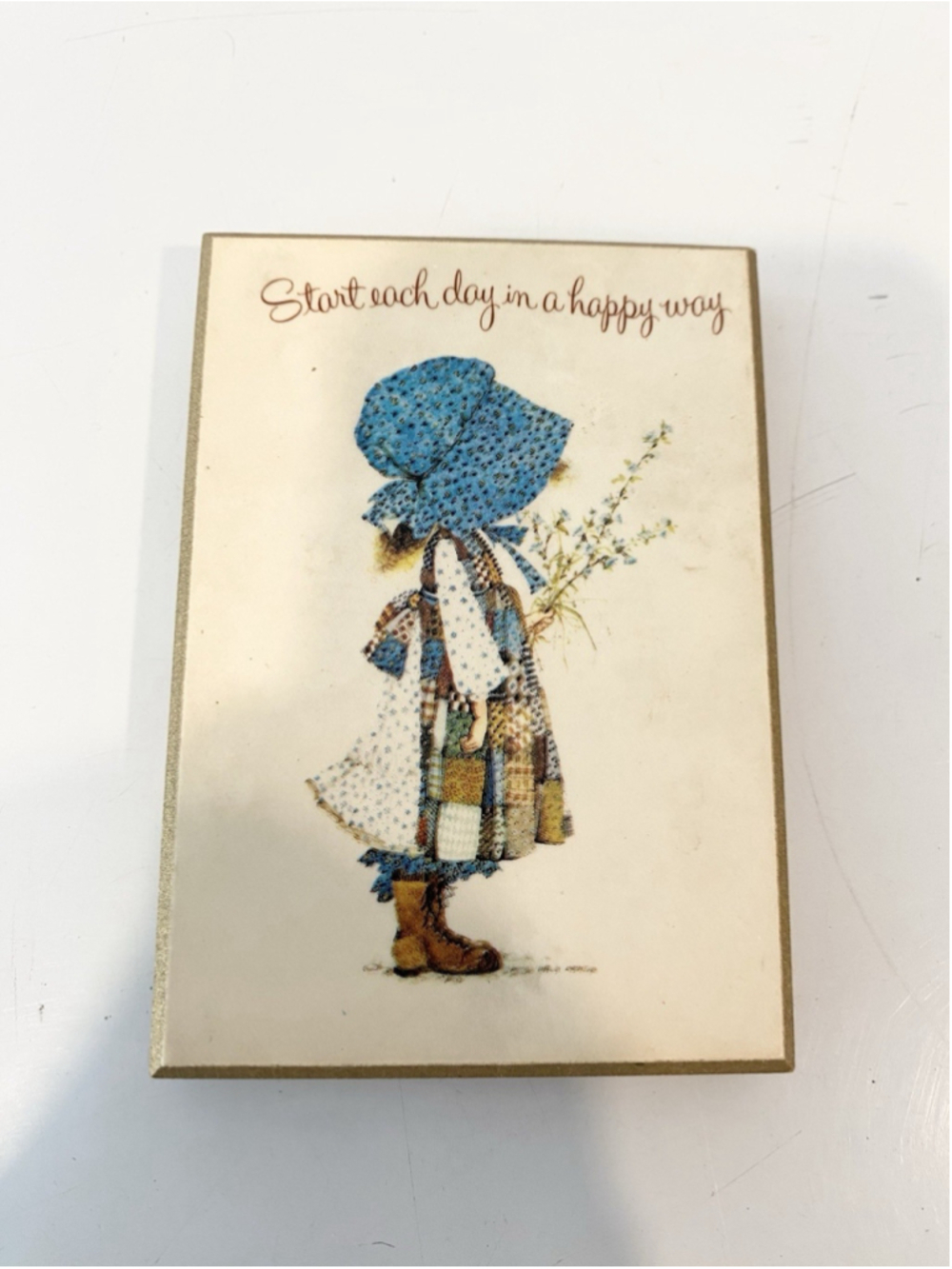 Vintage Holly Hobbie Mini Tabletop Plaque Start Each Day Happy Easel Back